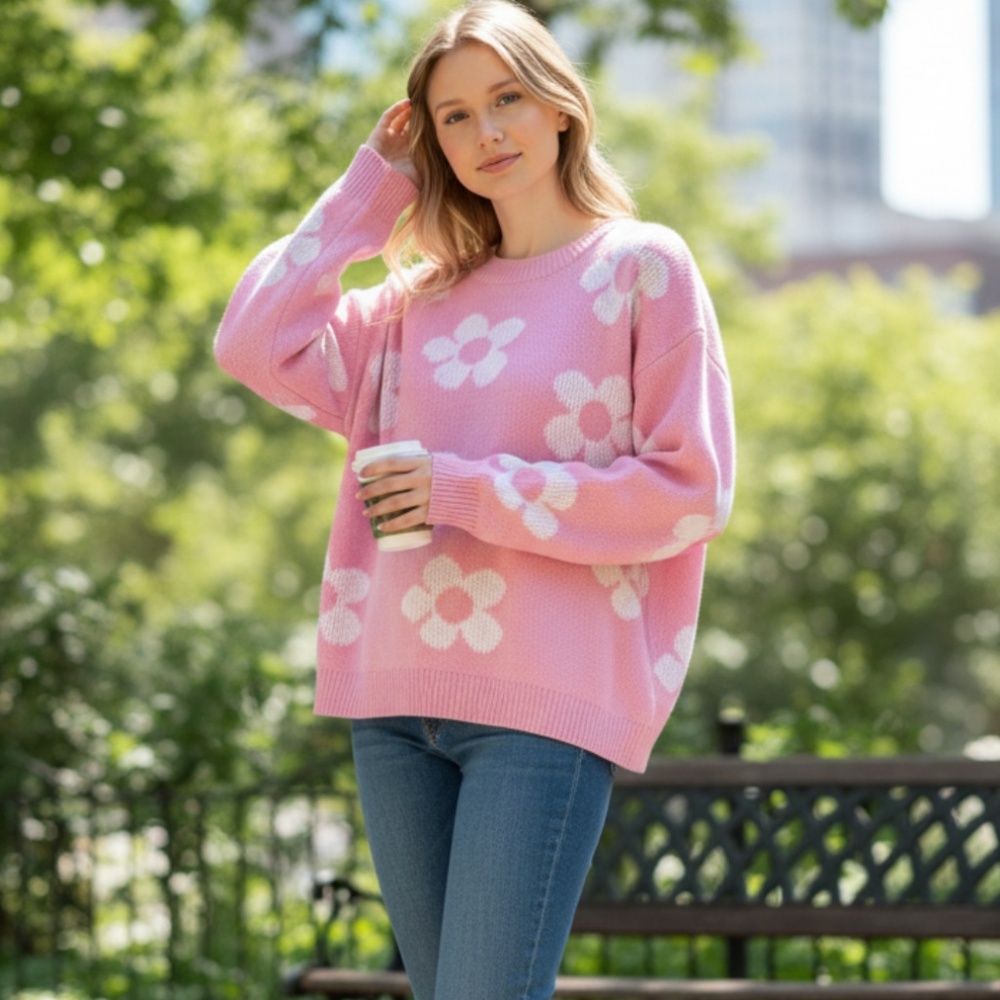 Stay cozy and stylish with this charming pink floral sweater. Perfect for any ca